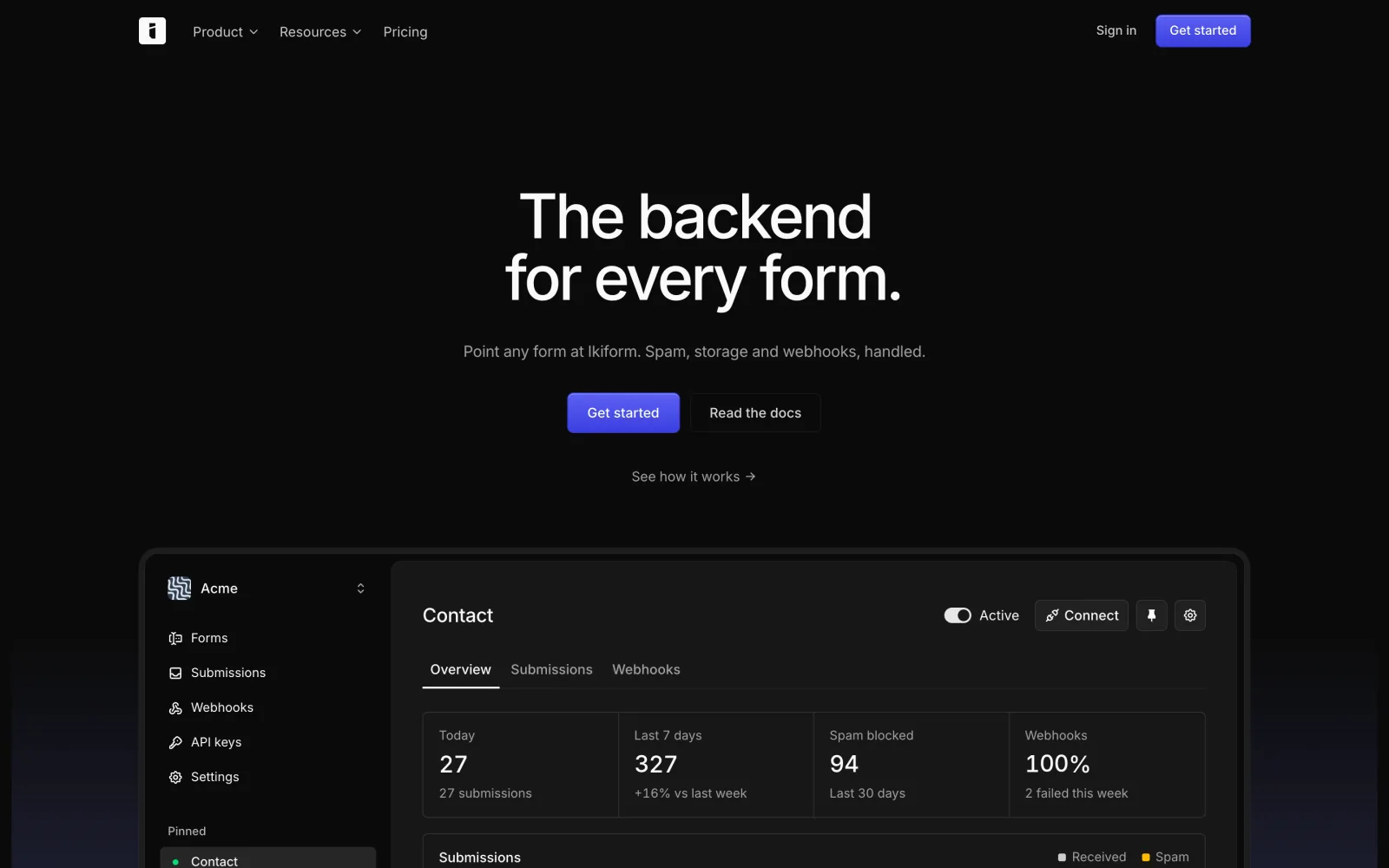 The Ikiform homepage with the headline The backend for every form.