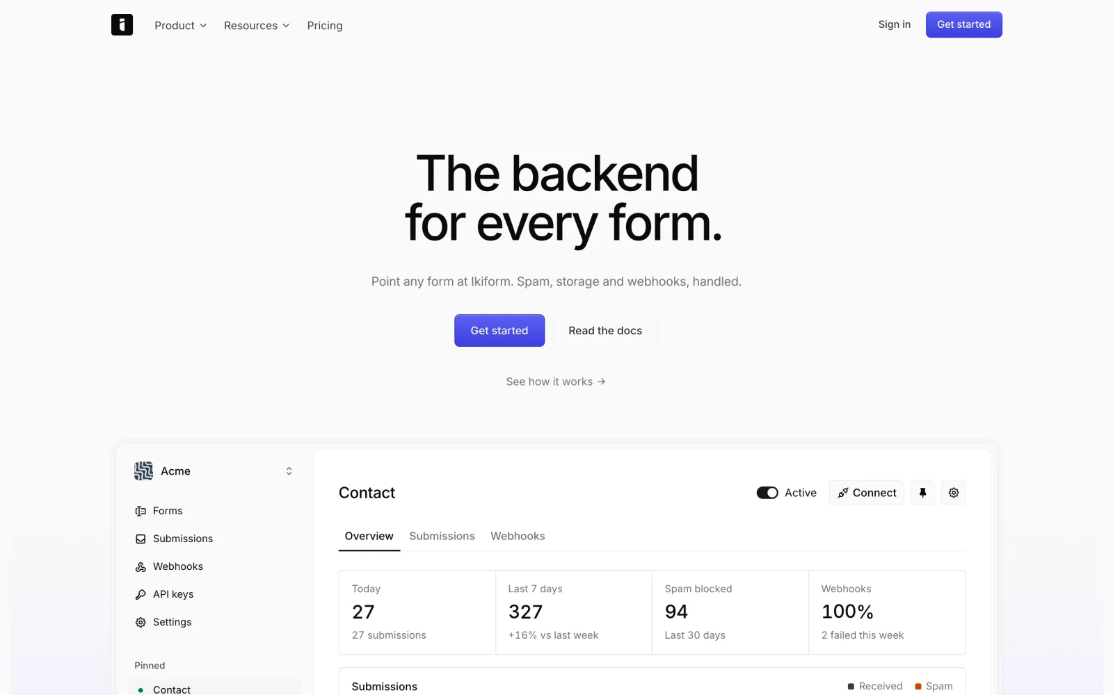The Ikiform homepage with the headline The backend for every form.