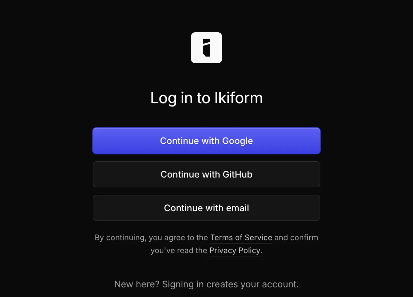 The sign-in page with Google, GitHub and email options.