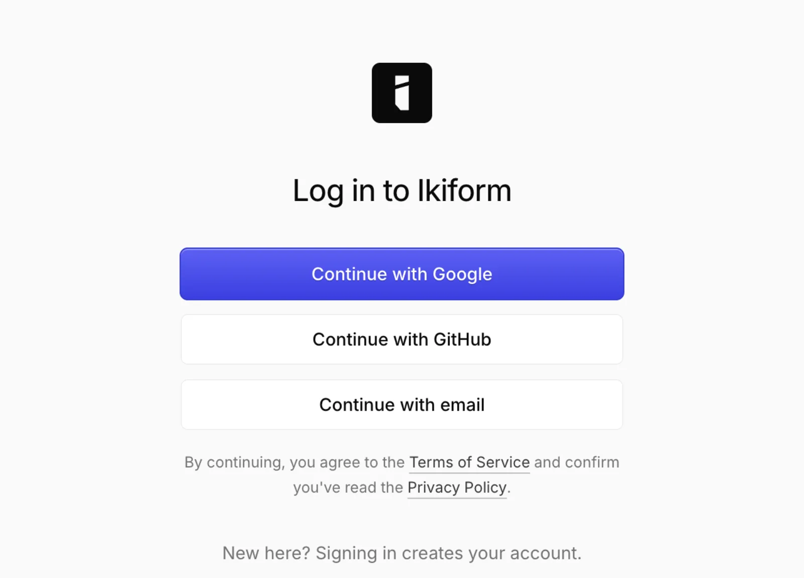 The sign-in page with Google, GitHub and email options.