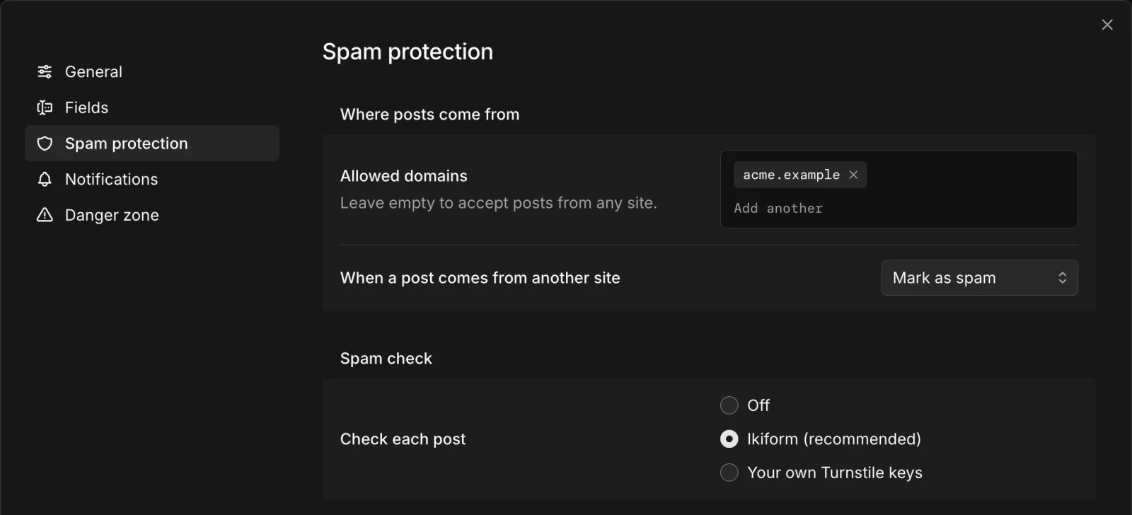A form's spam protection settings with allowed domains and the Ikiform spam check selected.