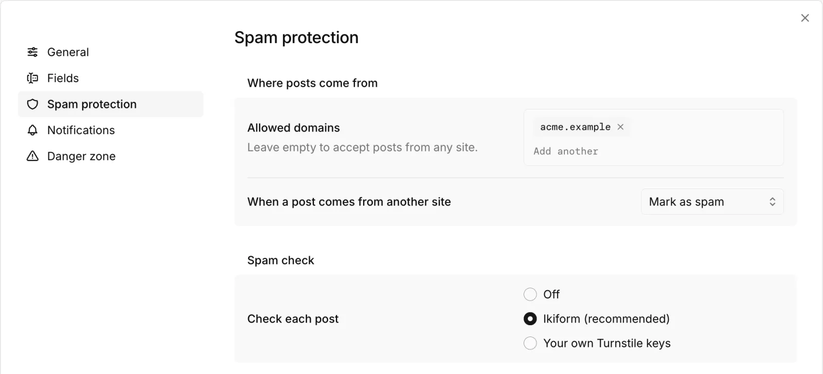 A form's spam protection settings with allowed domains and the Ikiform spam check selected.