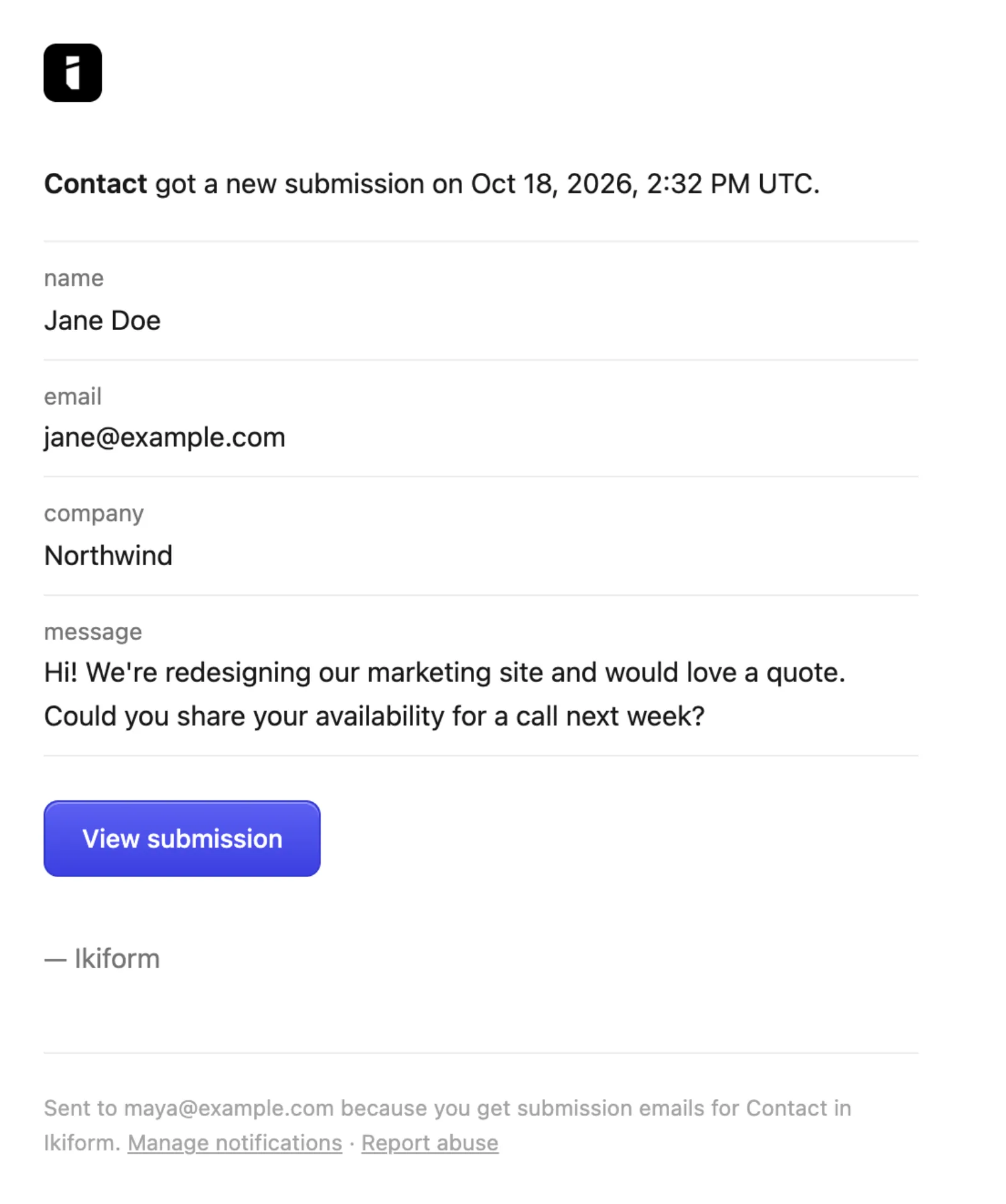 A submission email showing each field of a contact form submission and a View submission button.