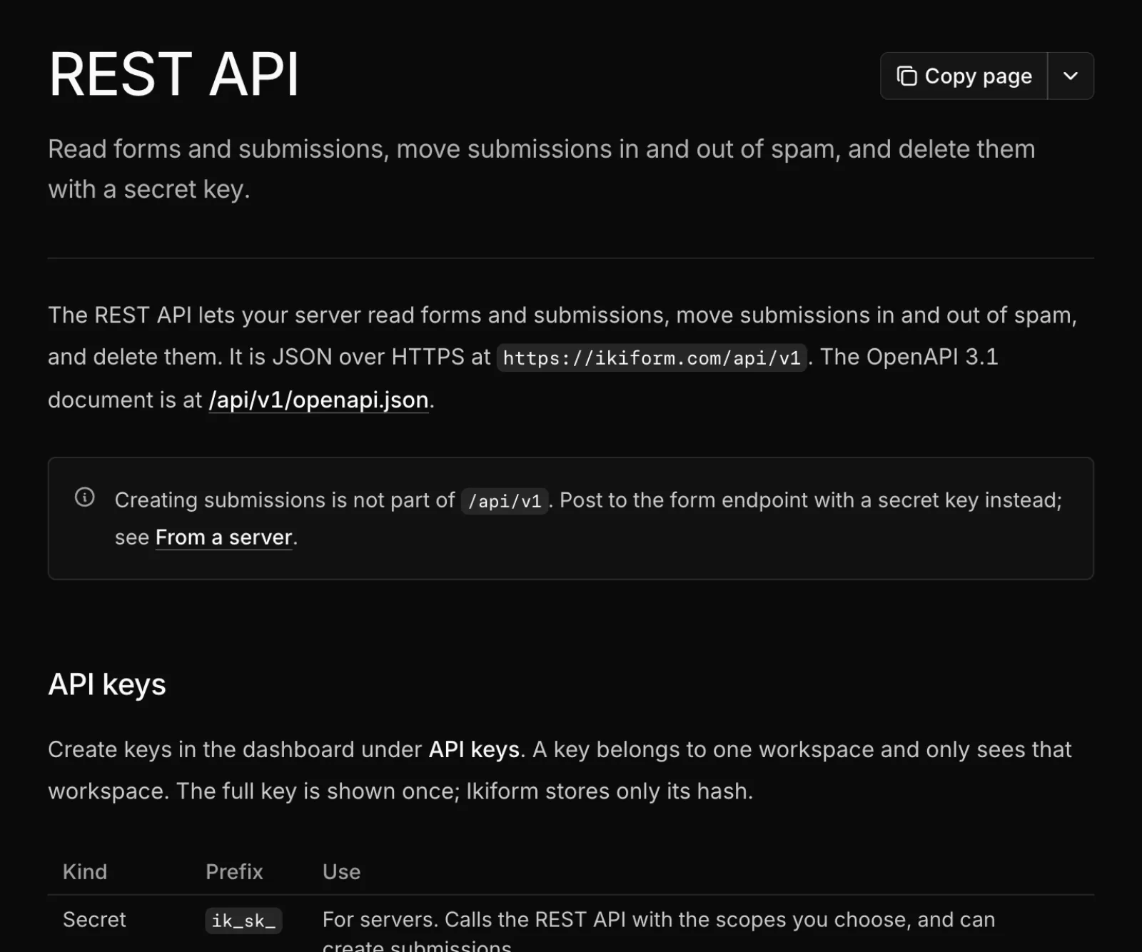 The REST API docs page with its introduction and the API keys section.