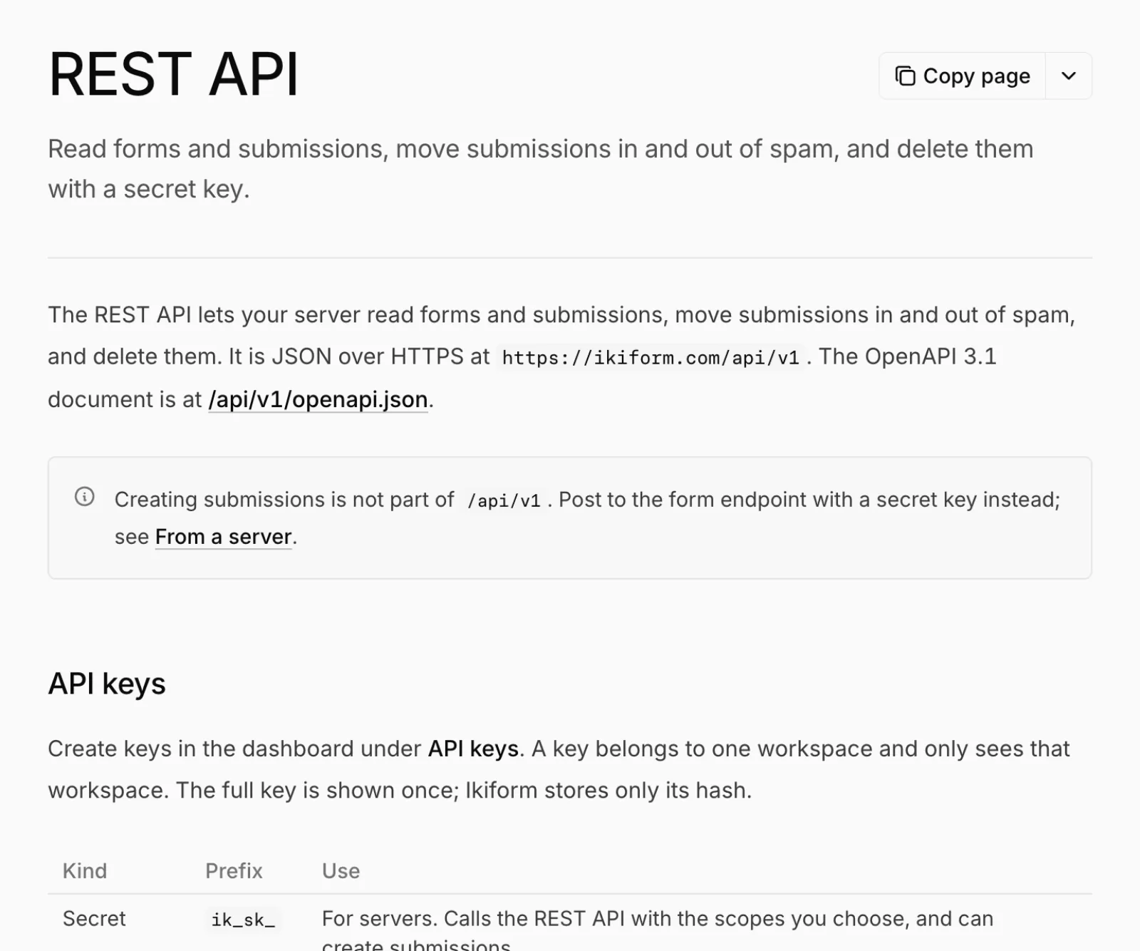 The REST API docs page with its introduction and the API keys section.