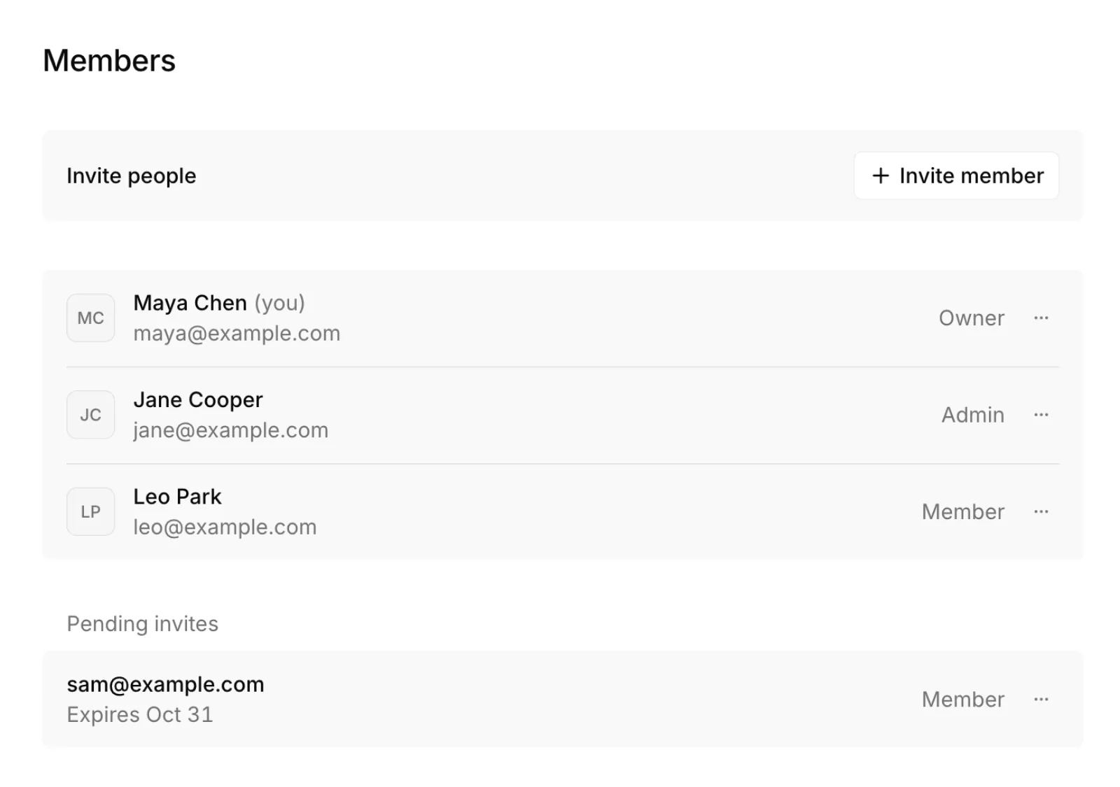 The Members settings with three teammates, their roles and a pending invite.