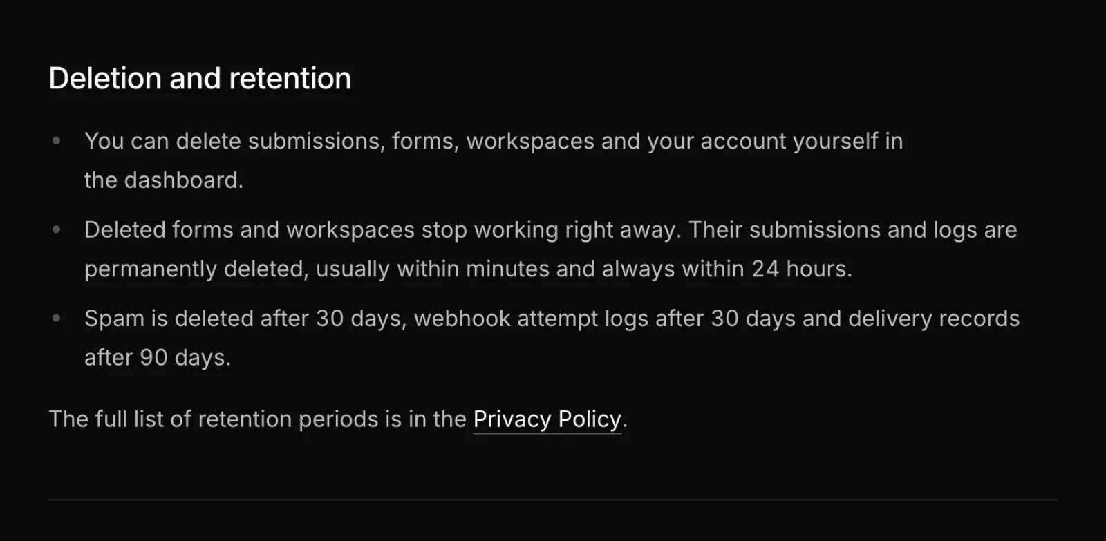 Security 페이지의 Deletion and retention 섹션. 데이터 종류별 보관 기간이 나와 있습니다.
