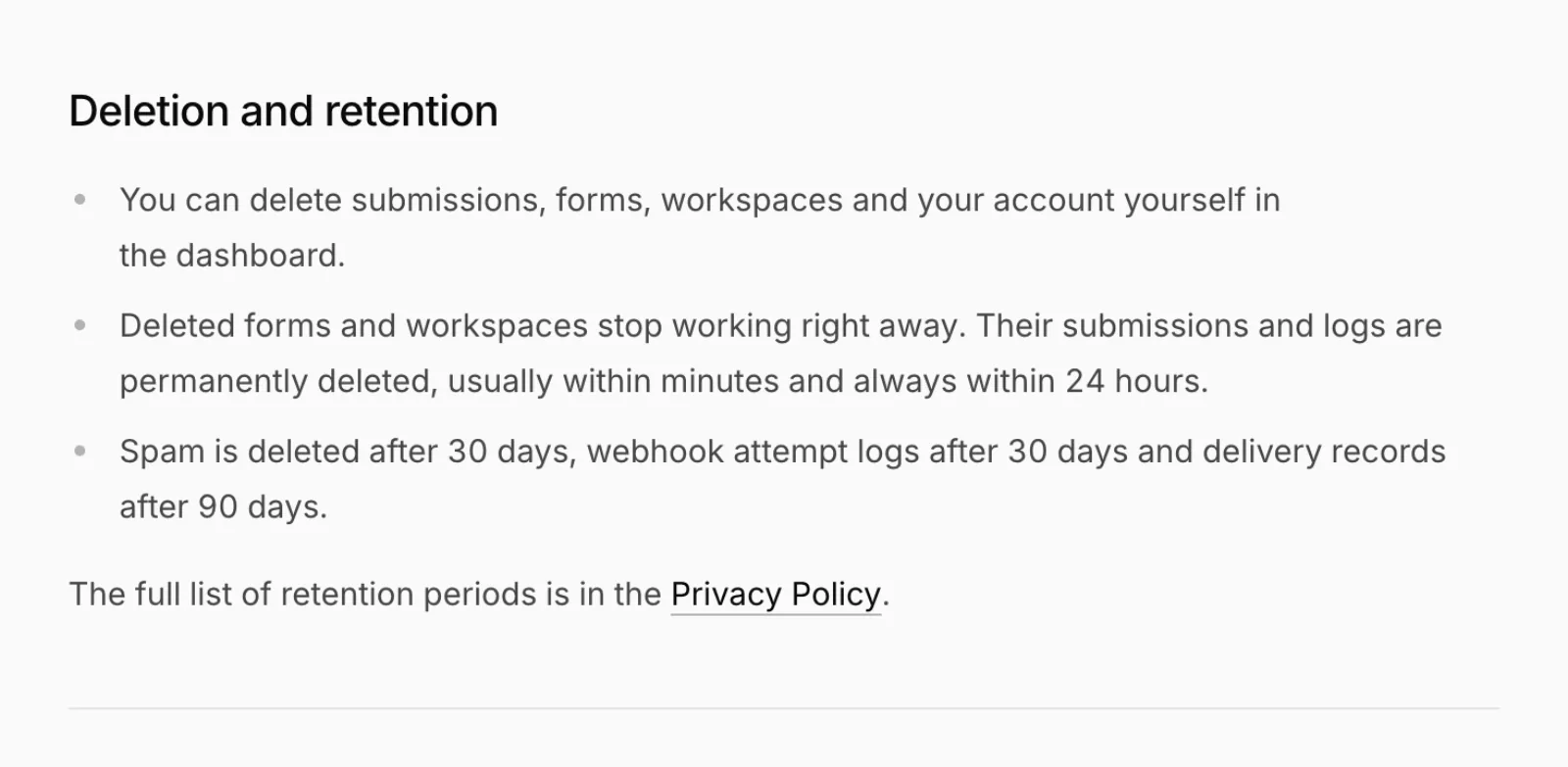 Security 페이지의 Deletion and retention 섹션. 데이터 종류별 보관 기간이 나와 있습니다.