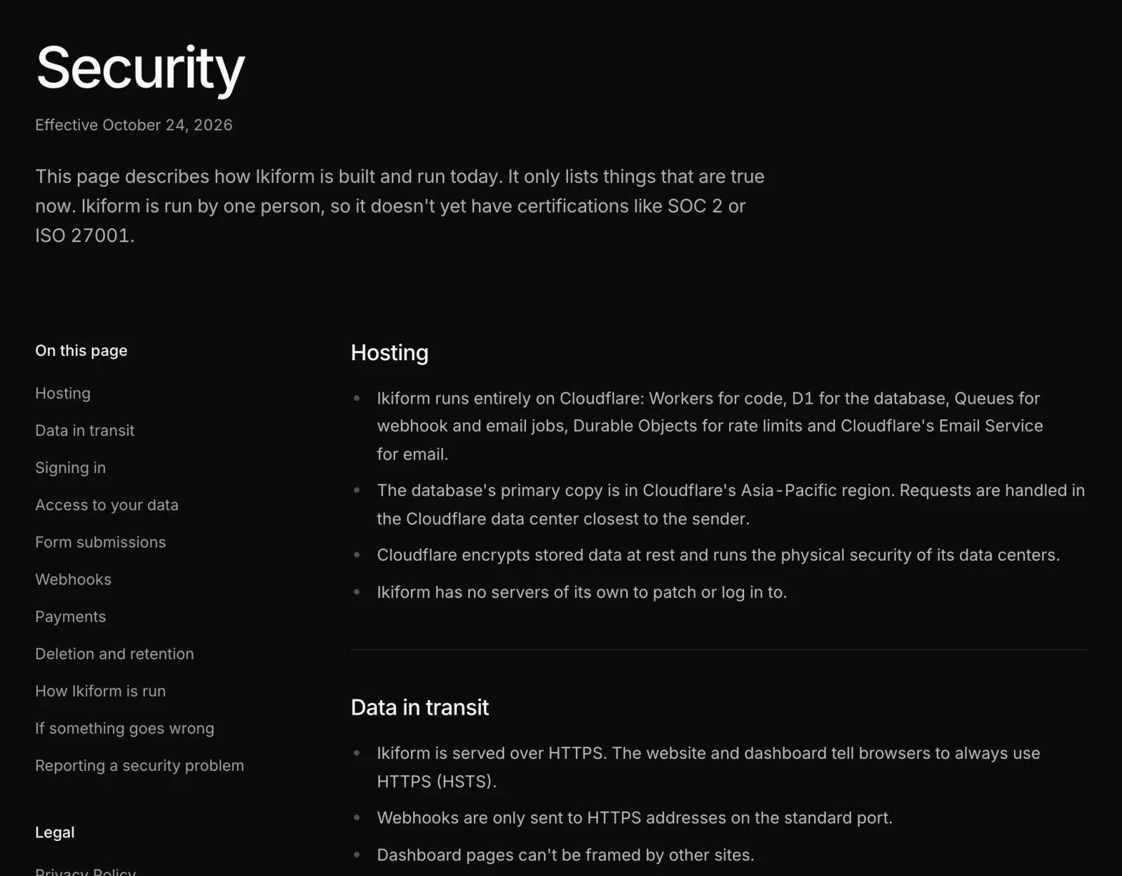목차와 Hosting 섹션이 있는 Security 페이지.
