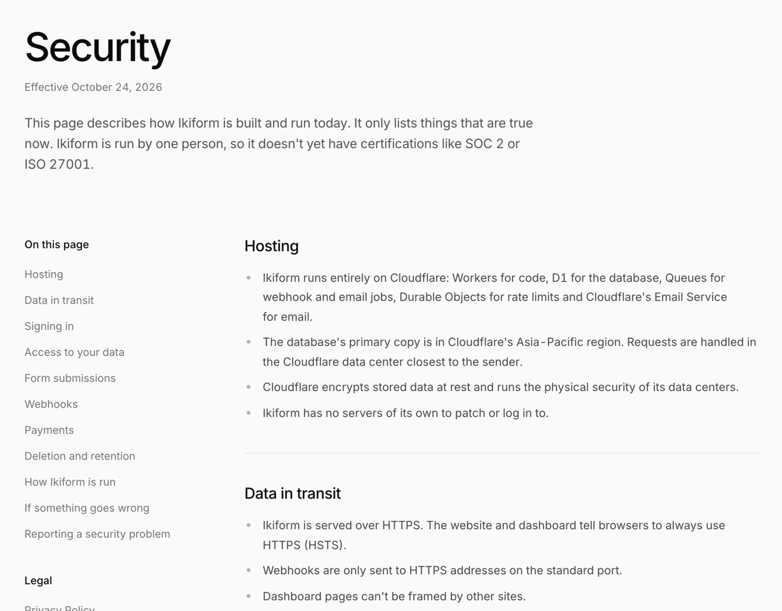 목차와 Hosting 섹션이 있는 Security 페이지.