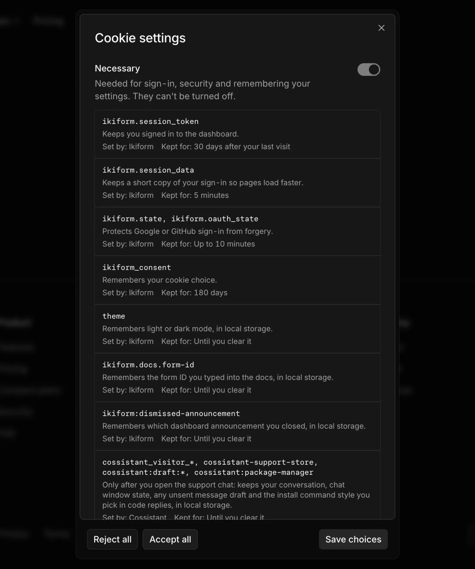 The Cookie settings dialog listing each necessary cookie, what it does and how long it's kept.