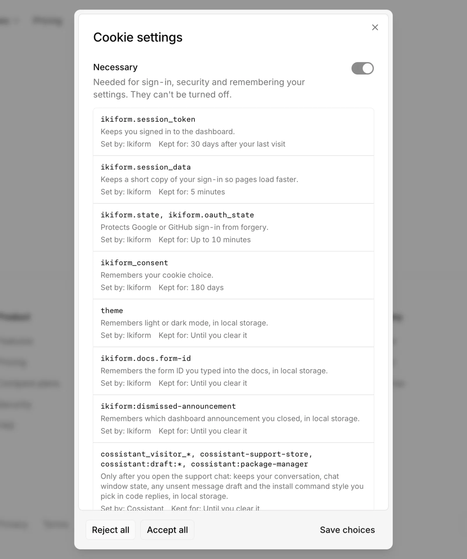 The Cookie settings dialog listing each necessary cookie, what it does and how long it's kept.