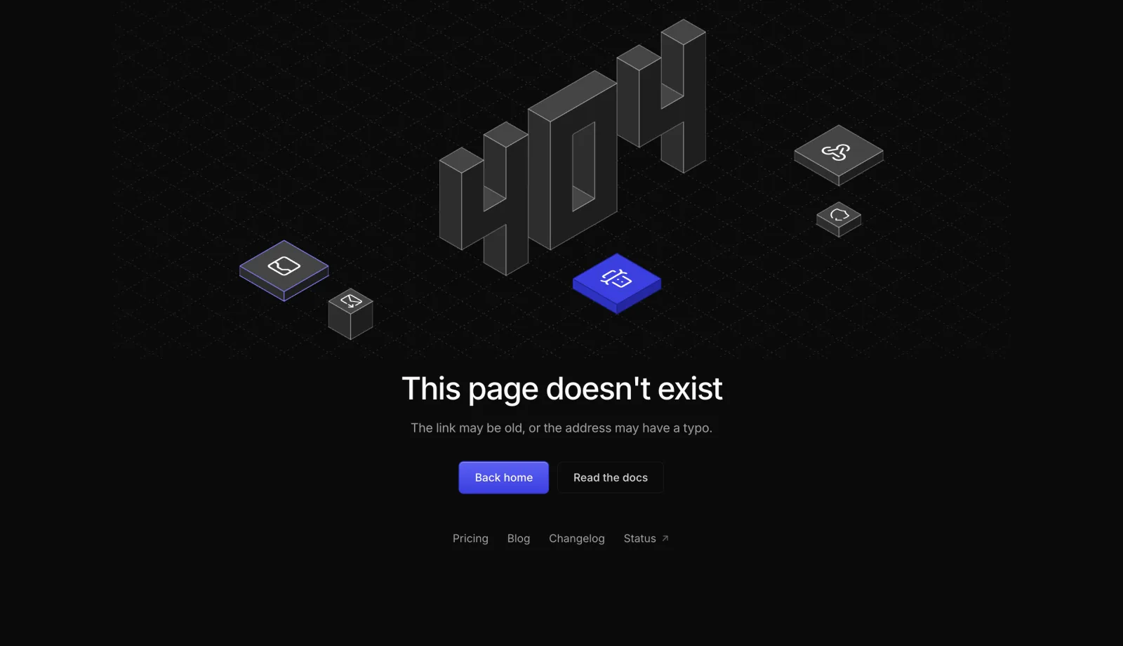 The 404 page saying the page doesn't exist, with the site header and links to useful places.