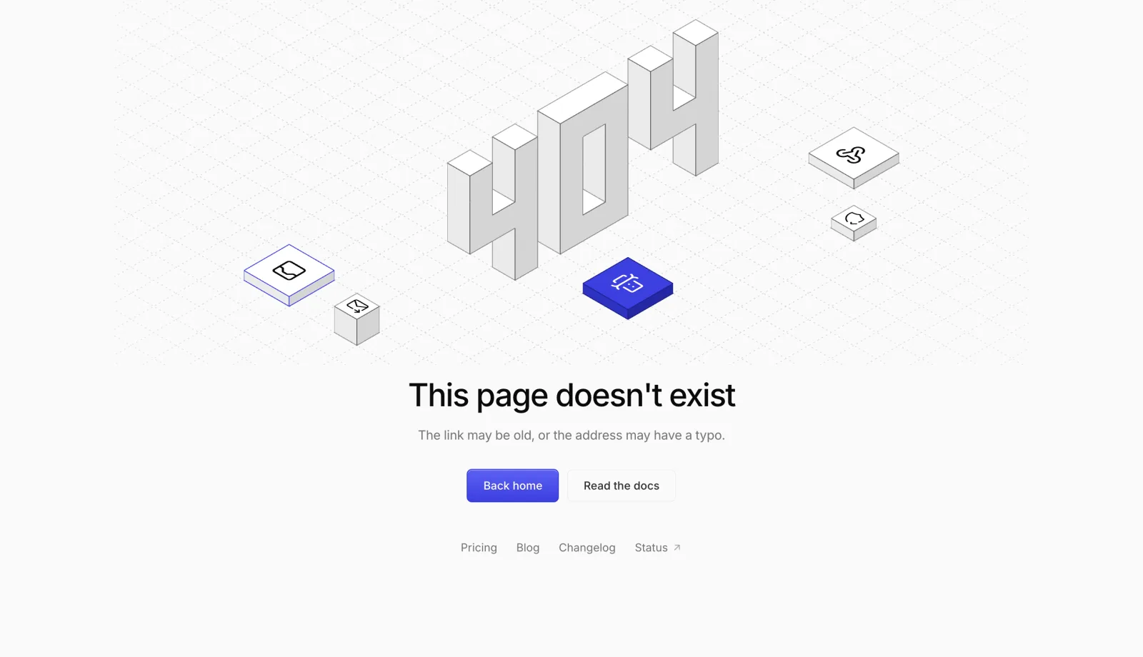 The 404 page saying the page doesn't exist, with the site header and links to useful places.