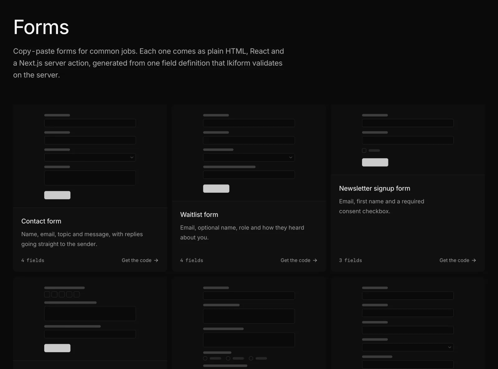 The Forms page with previews of the contact, waitlist and newsletter form templates.