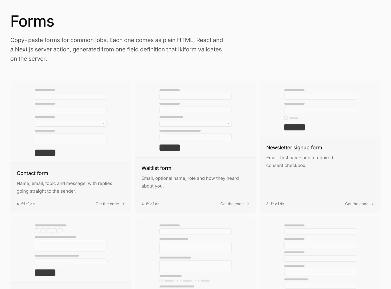 The Forms page with previews of the contact, waitlist and newsletter form templates.
