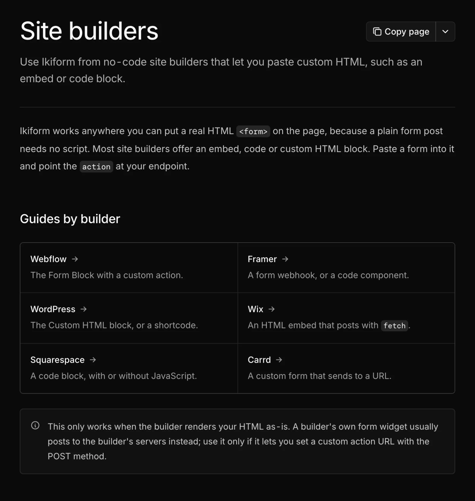 The Site builders docs page with guides for Webflow, Framer, WordPress, Wix, Squarespace and Carrd.