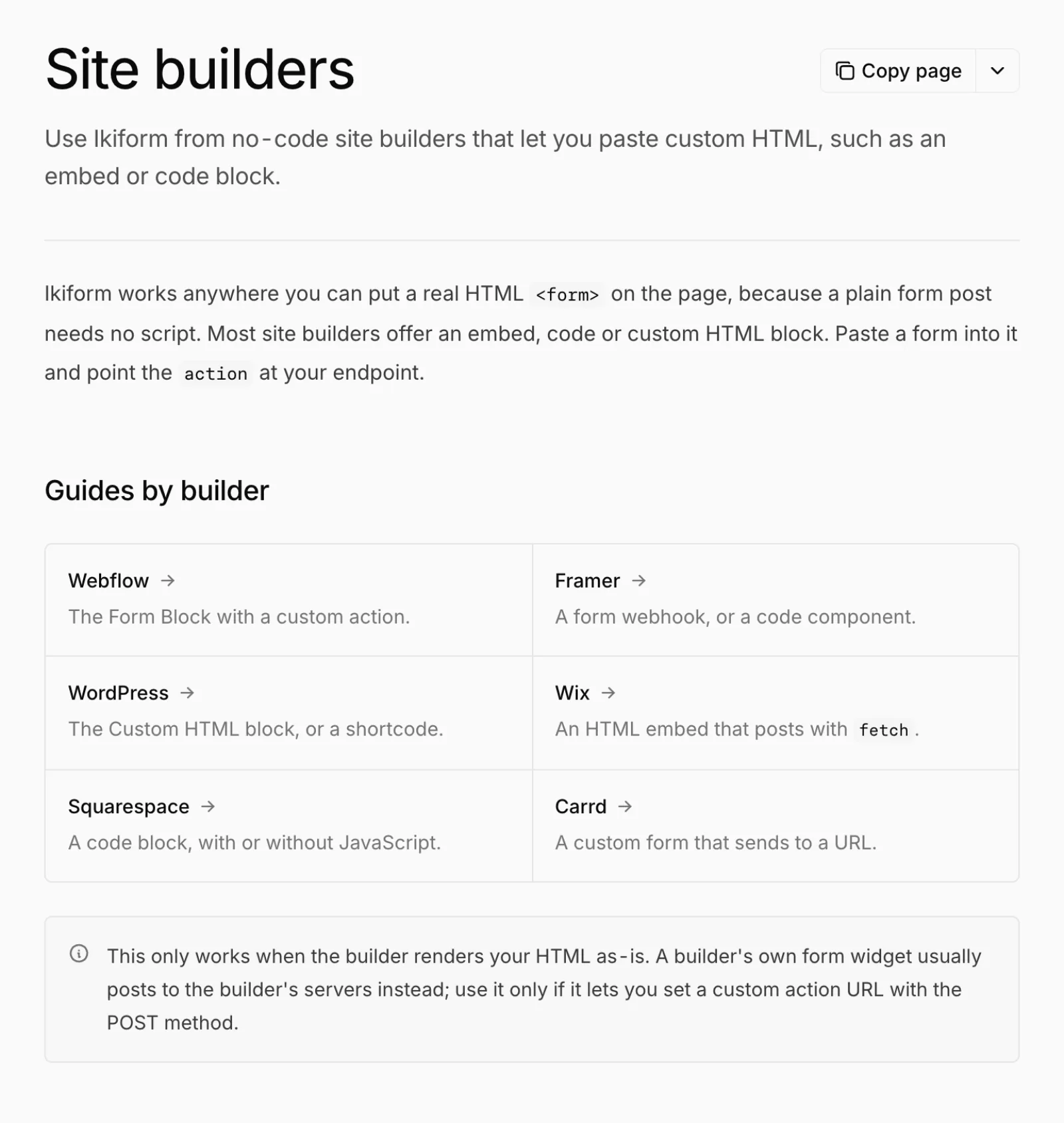 The Site builders docs page with guides for Webflow, Framer, WordPress, Wix, Squarespace and Carrd.