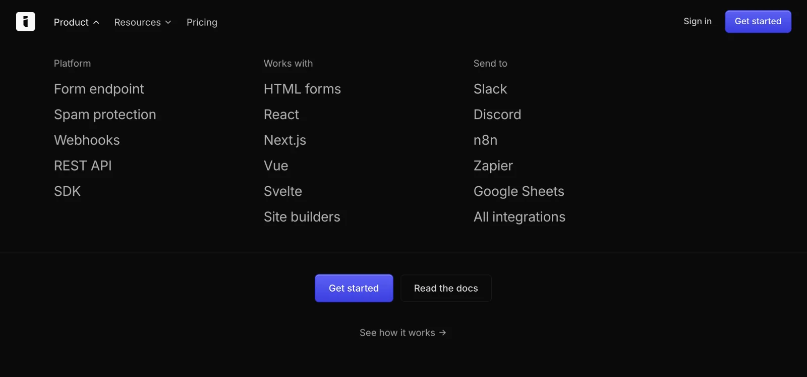 The site header with the Product menu open, listing platform features, frameworks and integrations.