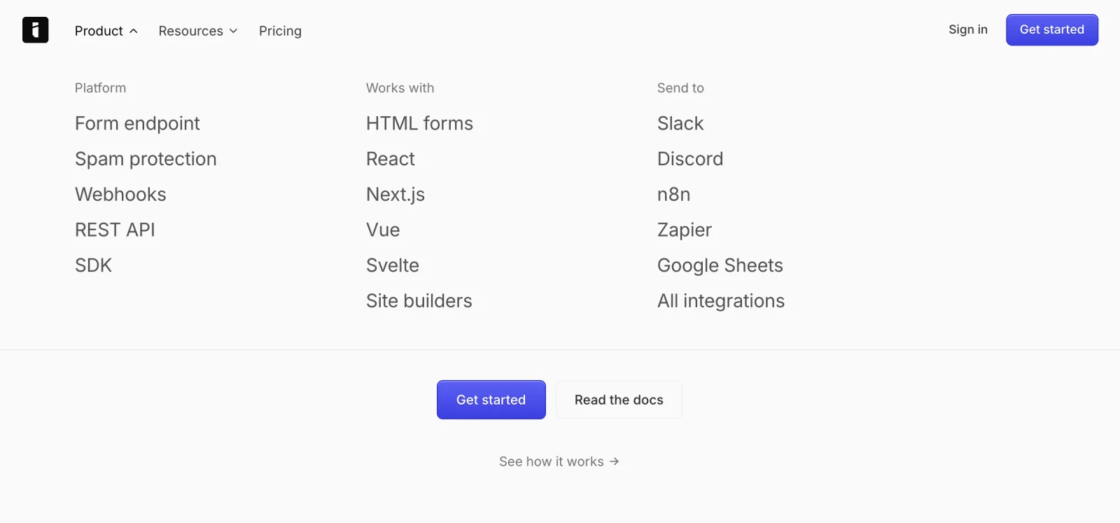 The site header with the Product menu open, listing platform features, frameworks and integrations.