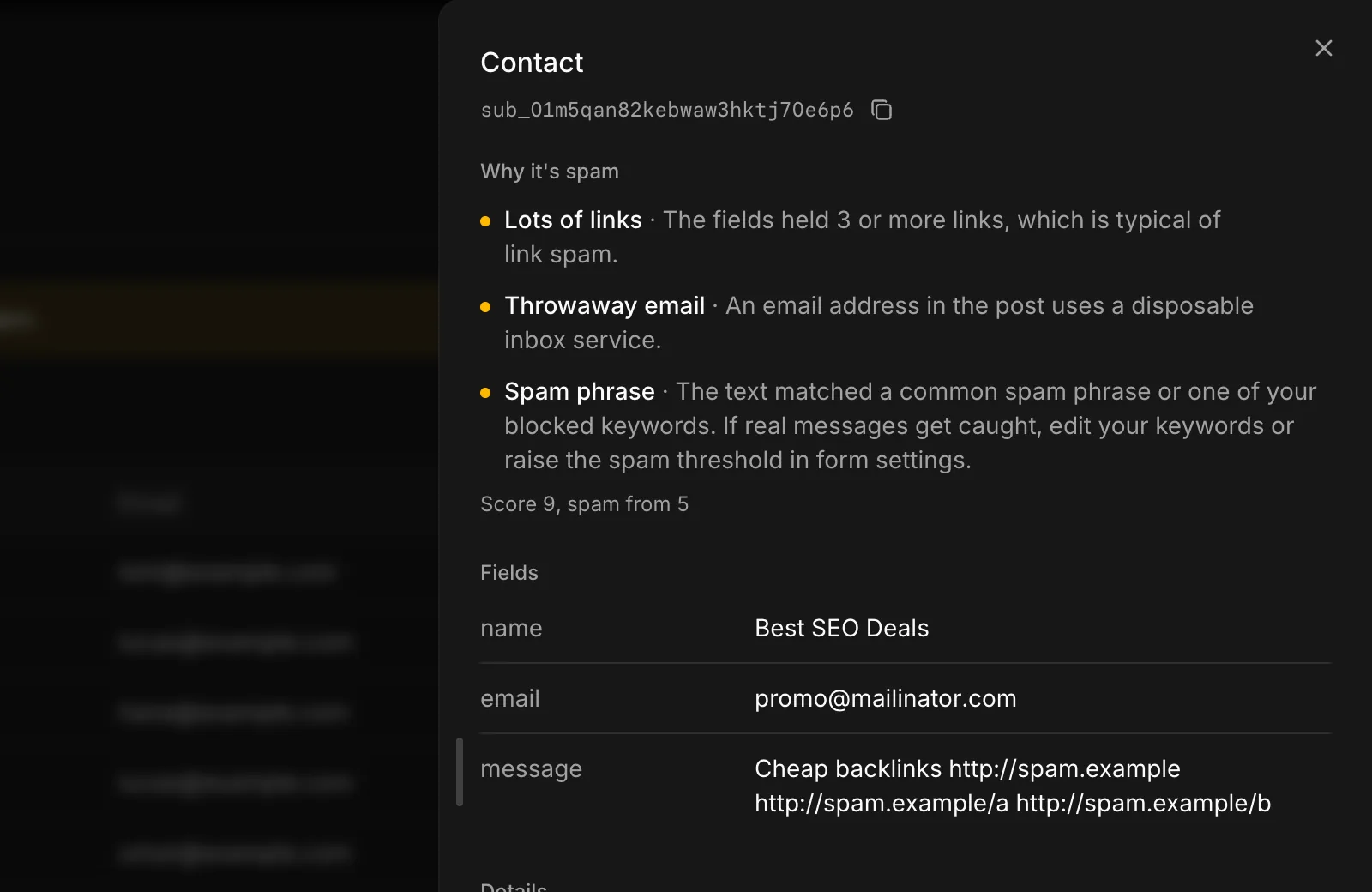 A spam submission opened in the dashboard, explaining why it's spam: lots of links, a throwaway email and a spam phrase, with its score.