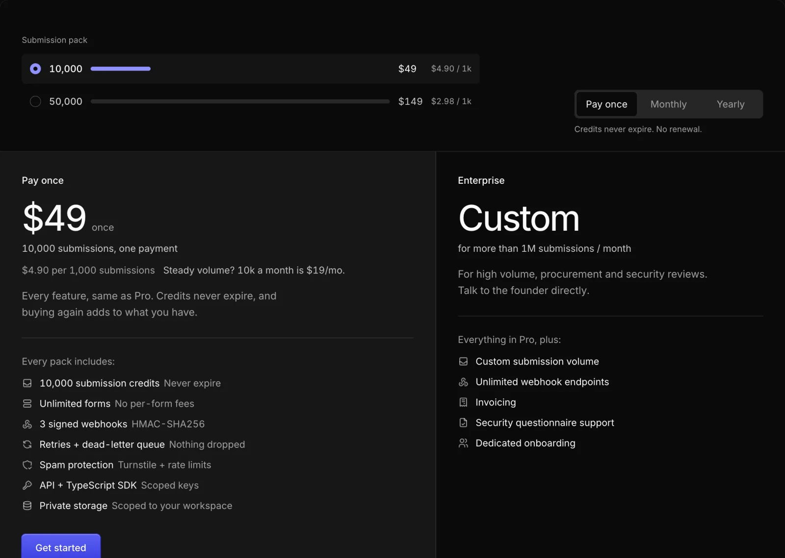 The pricing page with the 10,000 submission pack selected for $49, paid once, next to Enterprise.